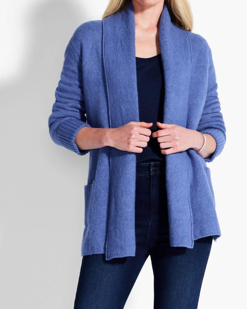 Front of a model wearing a size L Autumn Chill Cardigan in Cornflower in Cornflower by Nic + Zoe. | dia_product_style_image_id:325959